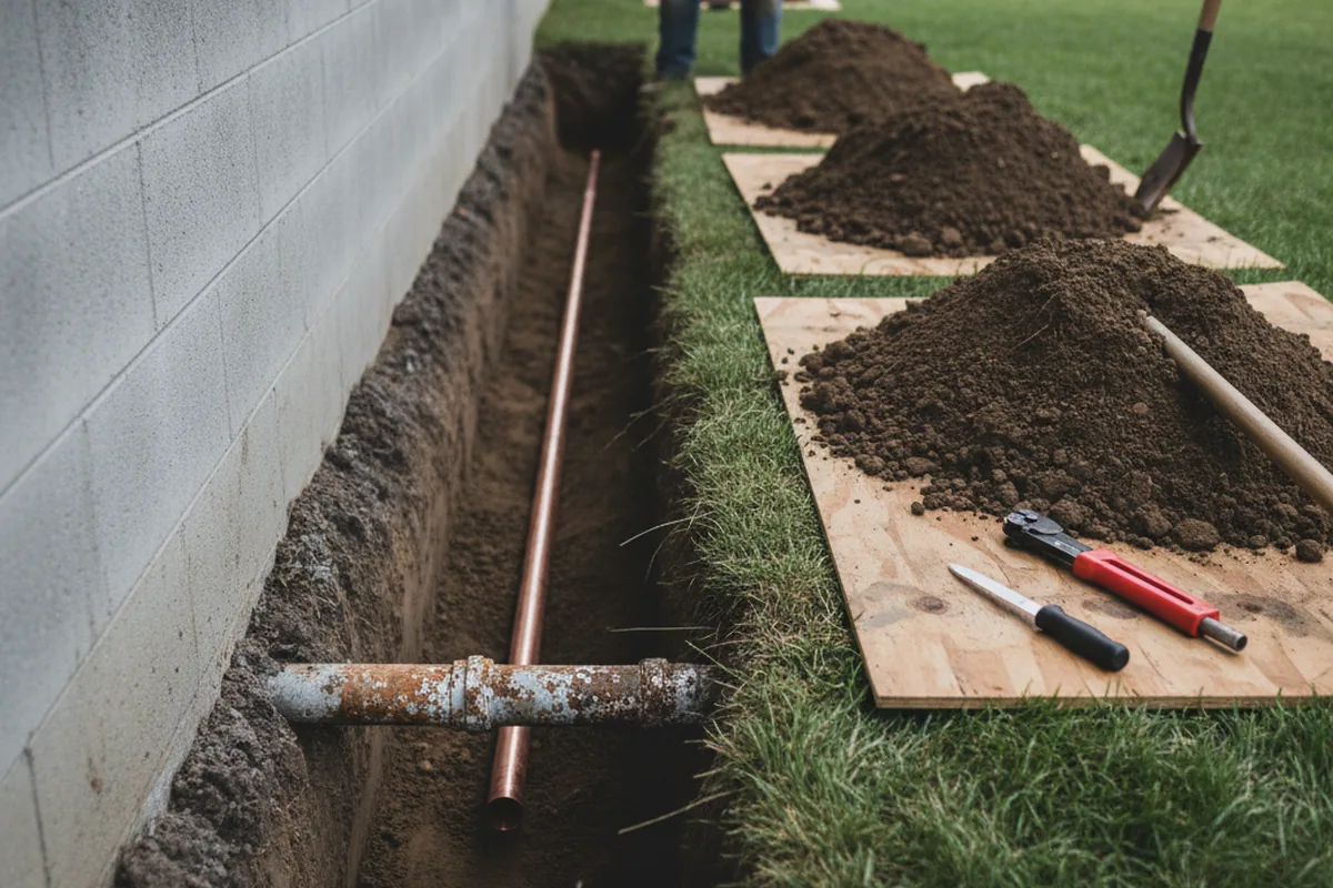 Excavated water line trench during Water Heater Repair in Nanticoke